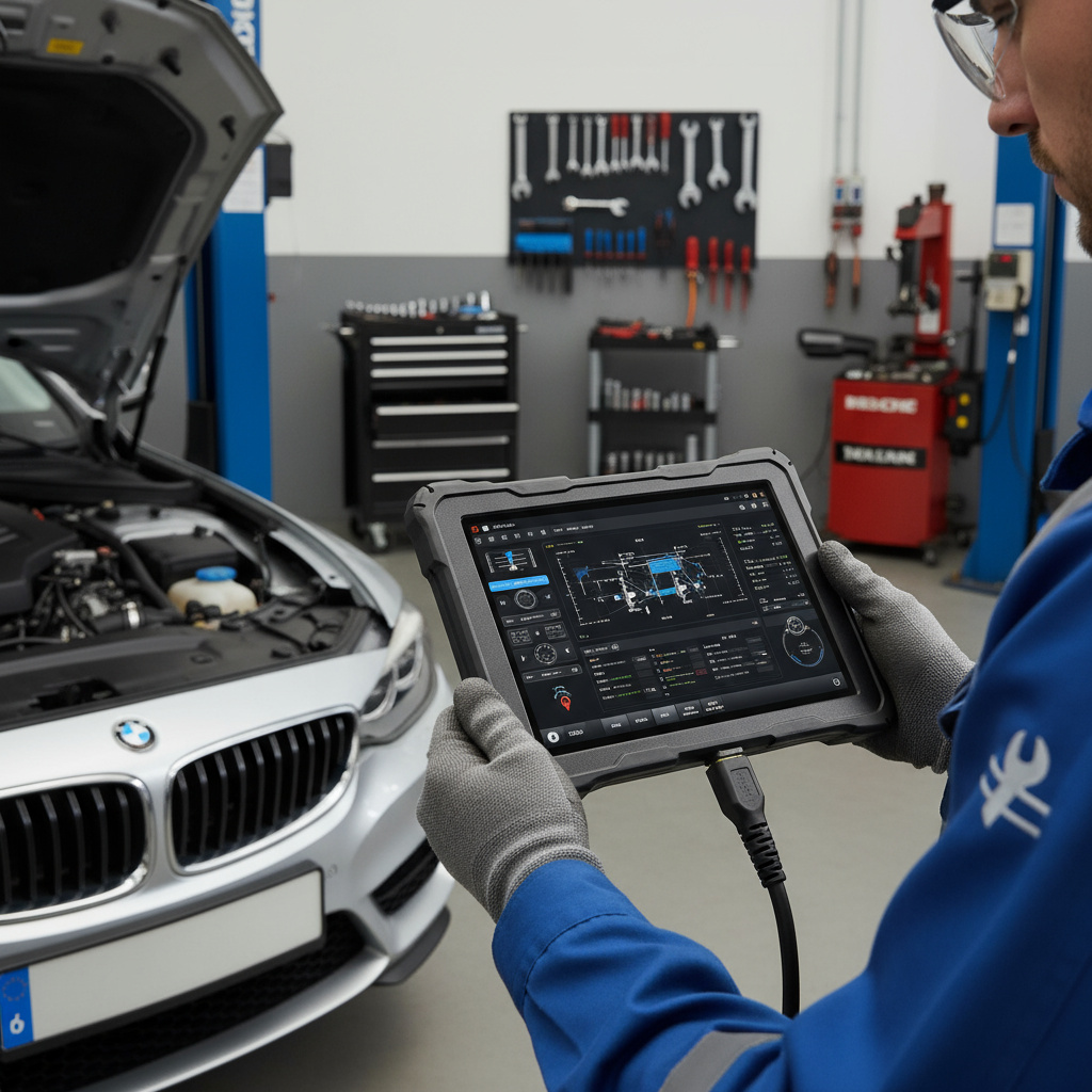 Diagnose mit Tablet am Fahrzeug